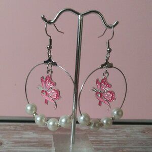 Hypoallergenic Silver Hoop Earrings with Breast Cancer Ribbon/Butterfly